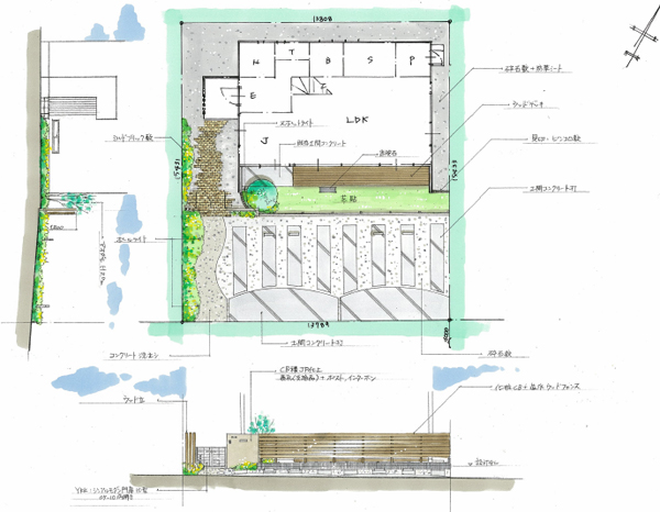 スタイリッシュな建物に、ナチュラルさを入れ暖かみを出したお庭
